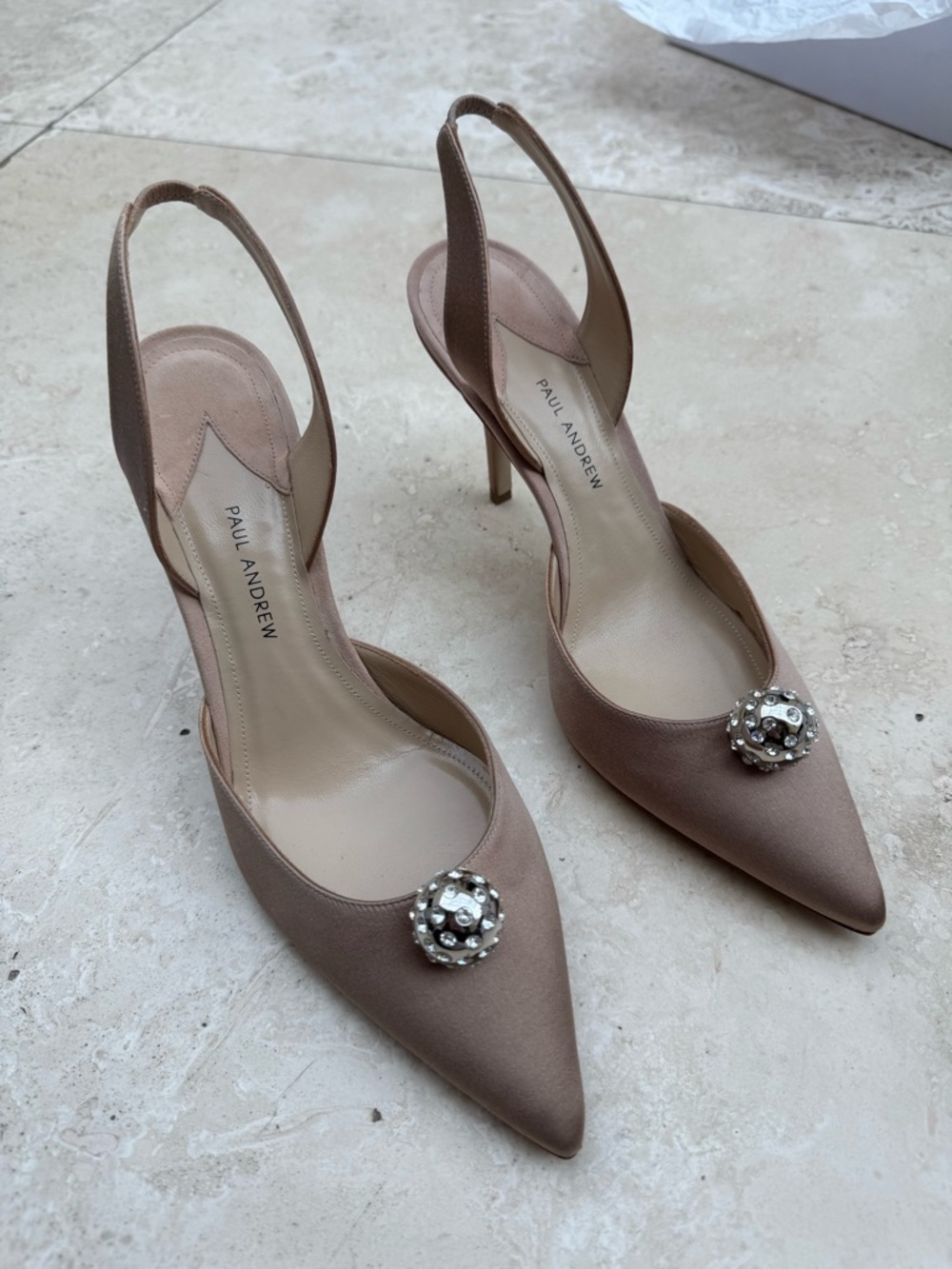 Paul Andrew Pointed-Toe Slingback Heels with Jeweled Accent
